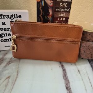 Women's Tan Leatherette Zip Wristlet Clutch with Heart Charm